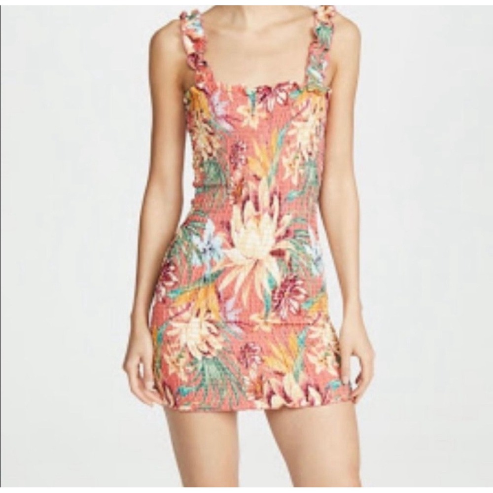 Farm Rio Red Tropical Floral Smocked Mini Dress Ruffle Strap Resort Small READ